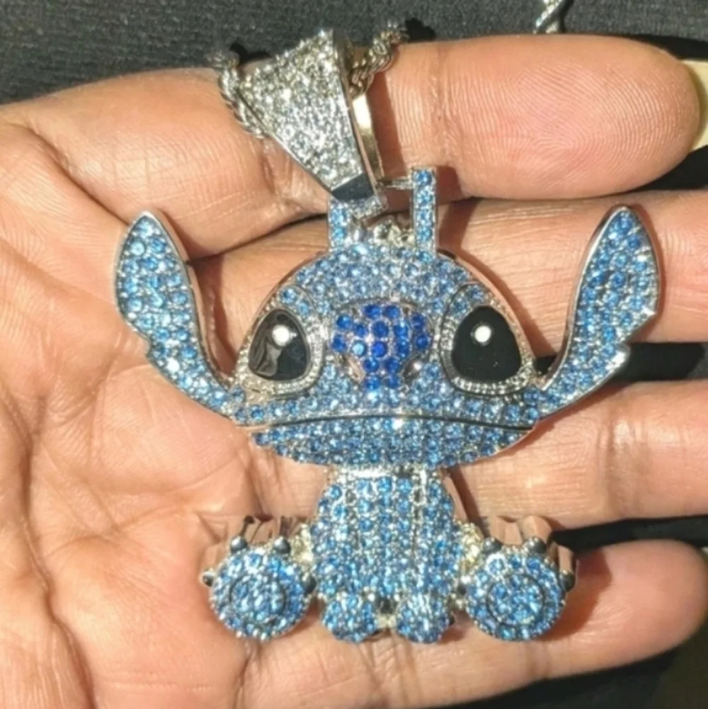 Stitch Character Rhinestone Pendant On Silver Tone Hip Hop Necklace 24